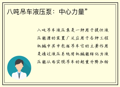 八吨吊车液压泵：中心力量”