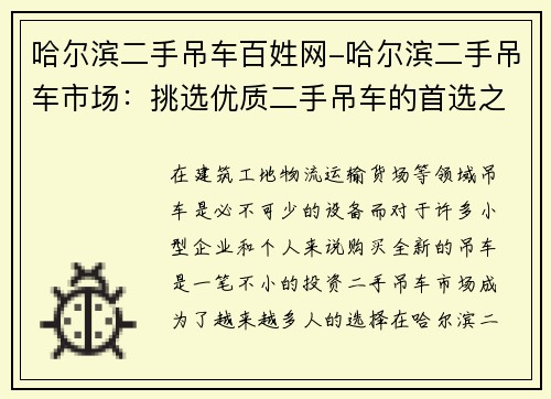 哈尔滨二手吊车百姓网-哈尔滨二手吊车市场：挑选优质二手吊车的首选之地