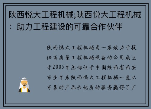 陕西悦大工程机械;陕西悦大工程机械：助力工程建设的可靠合作伙伴